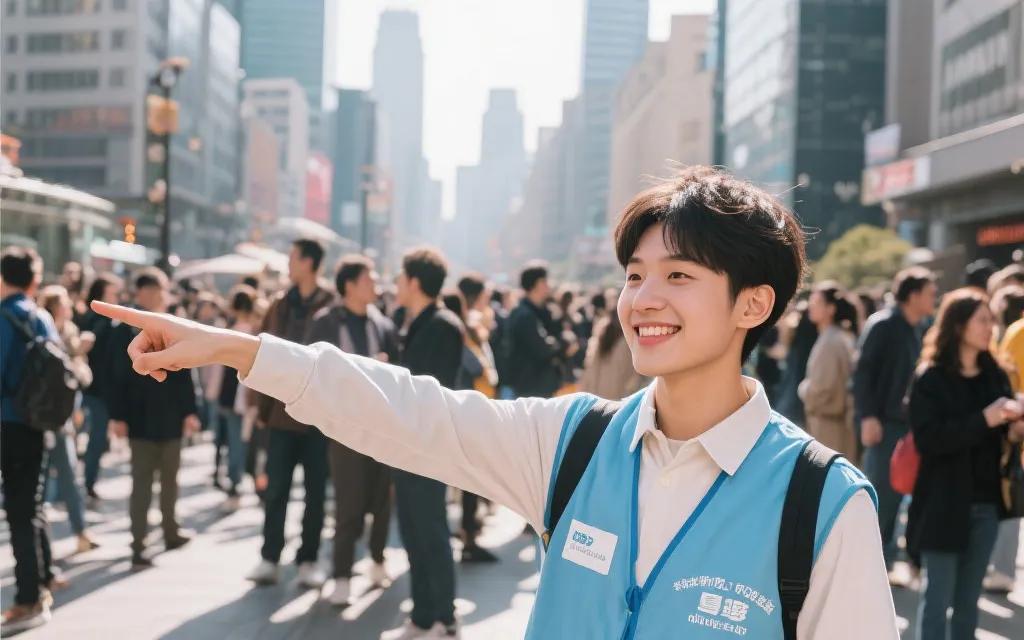 志愿者在人群中提供指引与帮助，城市公共服务的温度