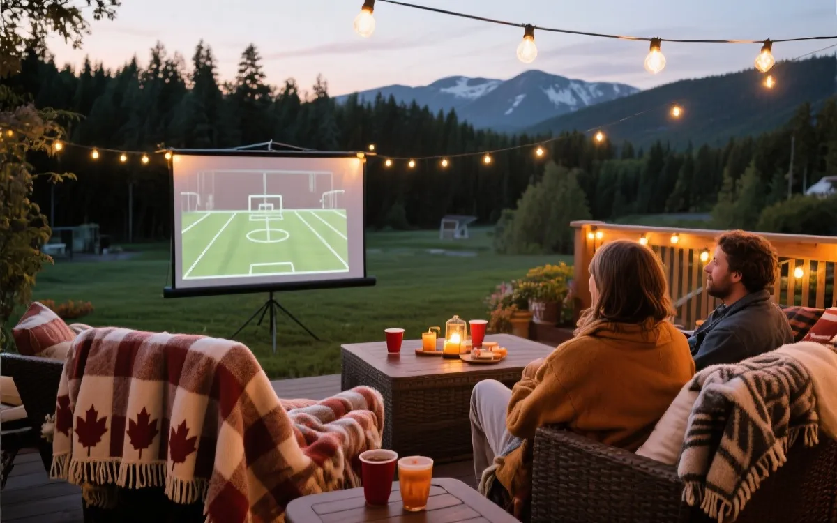 加拿大户外观赛：露台毯子、热饮、柔和灯光与投影屏幕的温暖场景
